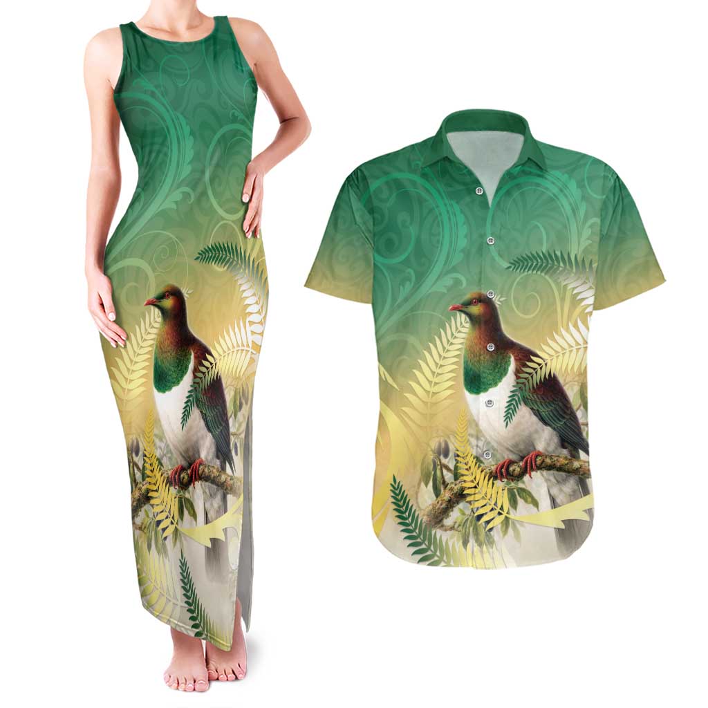 New Zealand Pigeon Kereru Couples Matching Tank Maxi Dress and Hawaiian Shirt Maori Fern Art Green Gradient LT05 Green - Polynesian Pride