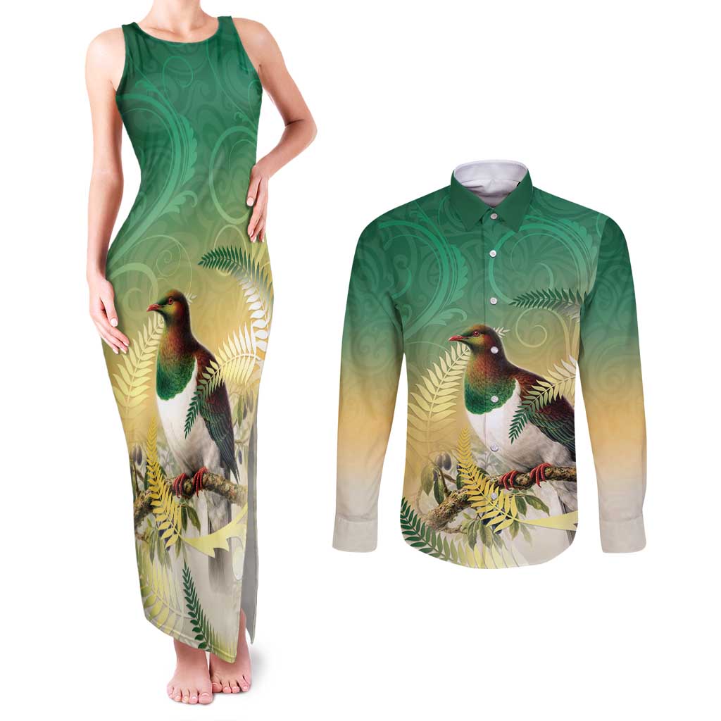 New Zealand Pigeon Kereru Couples Matching Tank Maxi Dress and Long Sleeve Button Shirt Maori Fern Art Green Gradient LT05 Green - Polynesian Pride