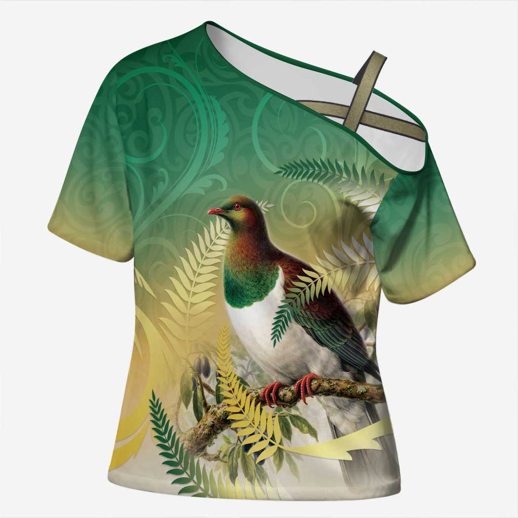 New Zealand Pigeon Kereru Cross Shoulder Shirt Maori Fern Art Green Gradient LT05 Female Green - Polynesian Pride