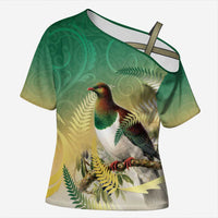 New Zealand Pigeon Kereru Cross Shoulder Shirt Maori Fern Art Green Gradient LT05 Female Green - Polynesian Pride