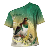 New Zealand Pigeon Kereru Cross Shoulder Shirt Maori Fern Art Green Gradient LT05 - Polynesian Pride
