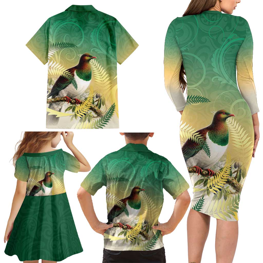 New Zealand Pigeon Kereru Family Matching Long Sleeve Bodycon Dress and Hawaiian Shirt Maori Fern Art Green Gradient LT05 - Polynesian Pride