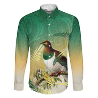 New Zealand Pigeon Kereru Family Matching Long Sleeve Bodycon Dress and Hawaiian Shirt Maori Fern Art Green Gradient LT05 Dad's Shirt - Long Sleeve Green - Polynesian Pride
