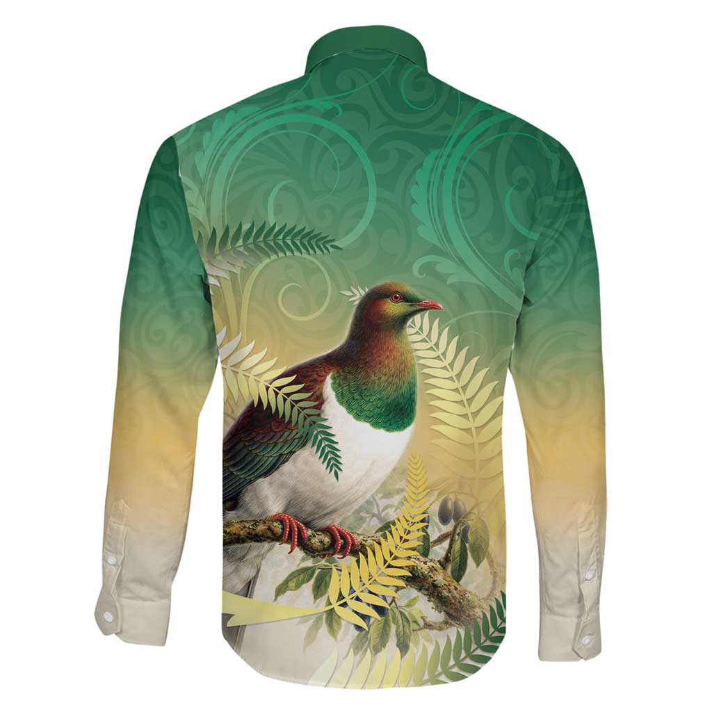 New Zealand Pigeon Kereru Family Matching Long Sleeve Bodycon Dress and Hawaiian Shirt Maori Fern Art Green Gradient LT05 - Polynesian Pride