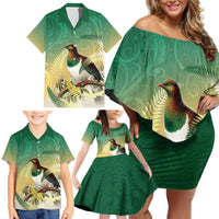 New Zealand Pigeon Kereru Family Matching Off Shoulder Short Dress and Hawaiian Shirt Maori Fern Art Green Gradient LT05 - Polynesian Pride