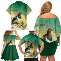 New Zealand Pigeon Kereru Family Matching Off Shoulder Short Dress and Hawaiian Shirt Maori Fern Art Green Gradient LT05 - Polynesian Pride
