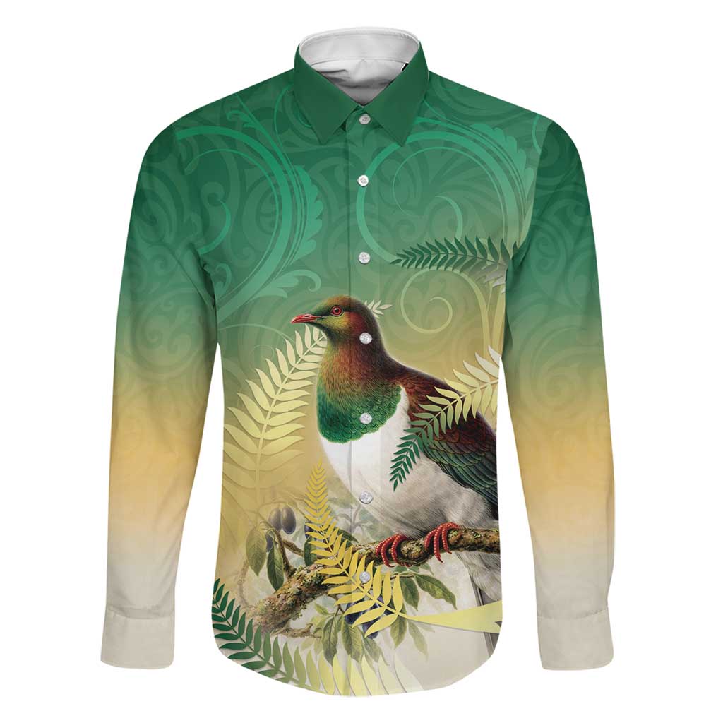 New Zealand Pigeon Kereru Family Matching Summer Maxi Dress and Hawaiian Shirt Maori Fern Art Green Gradient LT05 Dad's Shirt - Long Sleeve Green - Polynesian Pride