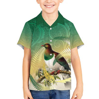 New Zealand Pigeon Kereru Family Matching Summer Maxi Dress and Hawaiian Shirt Maori Fern Art Green Gradient LT05 Son's Shirt Green - Polynesian Pride