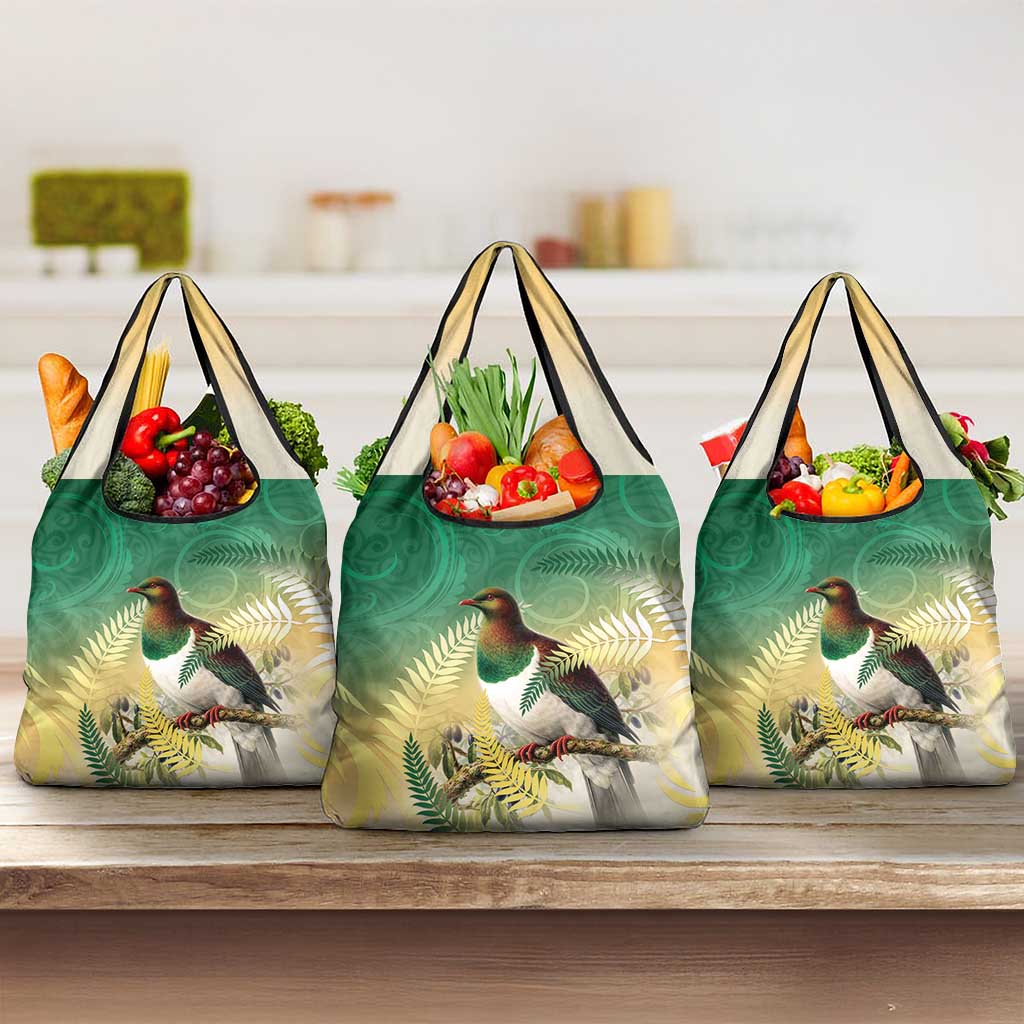 New Zealand Pigeon Kereru Grocery Bag Maori Fern Art Green Gradient LT05 3-pack One Size Green - Polynesian Pride