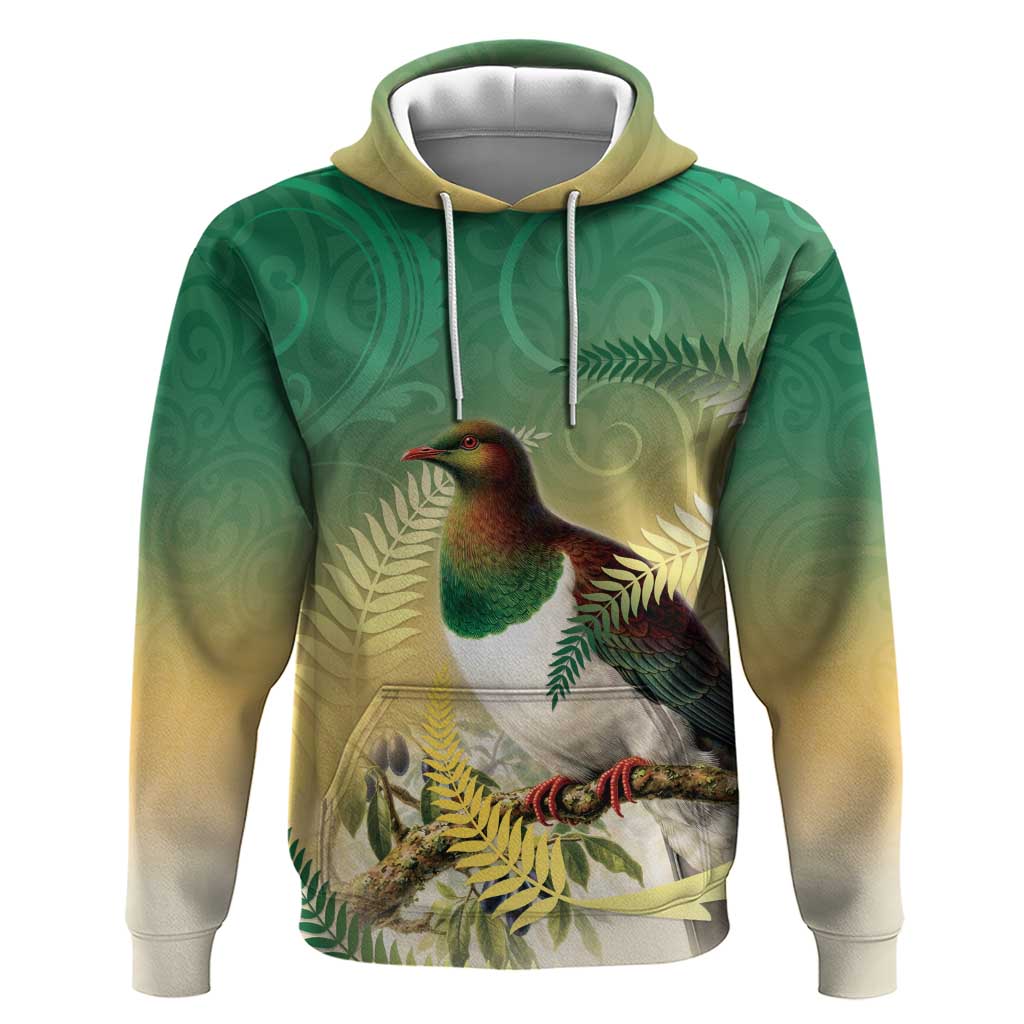 New Zealand Pigeon Kereru Hoodie Maori Fern Art Green Gradient LT05 Pullover Hoodie Green - Polynesian Pride