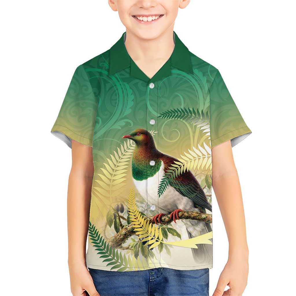 New Zealand Pigeon Kereru Kid Hawaiian Shirt Maori Fern Art Green Gradient LT05 Kid Green - Polynesian Pride