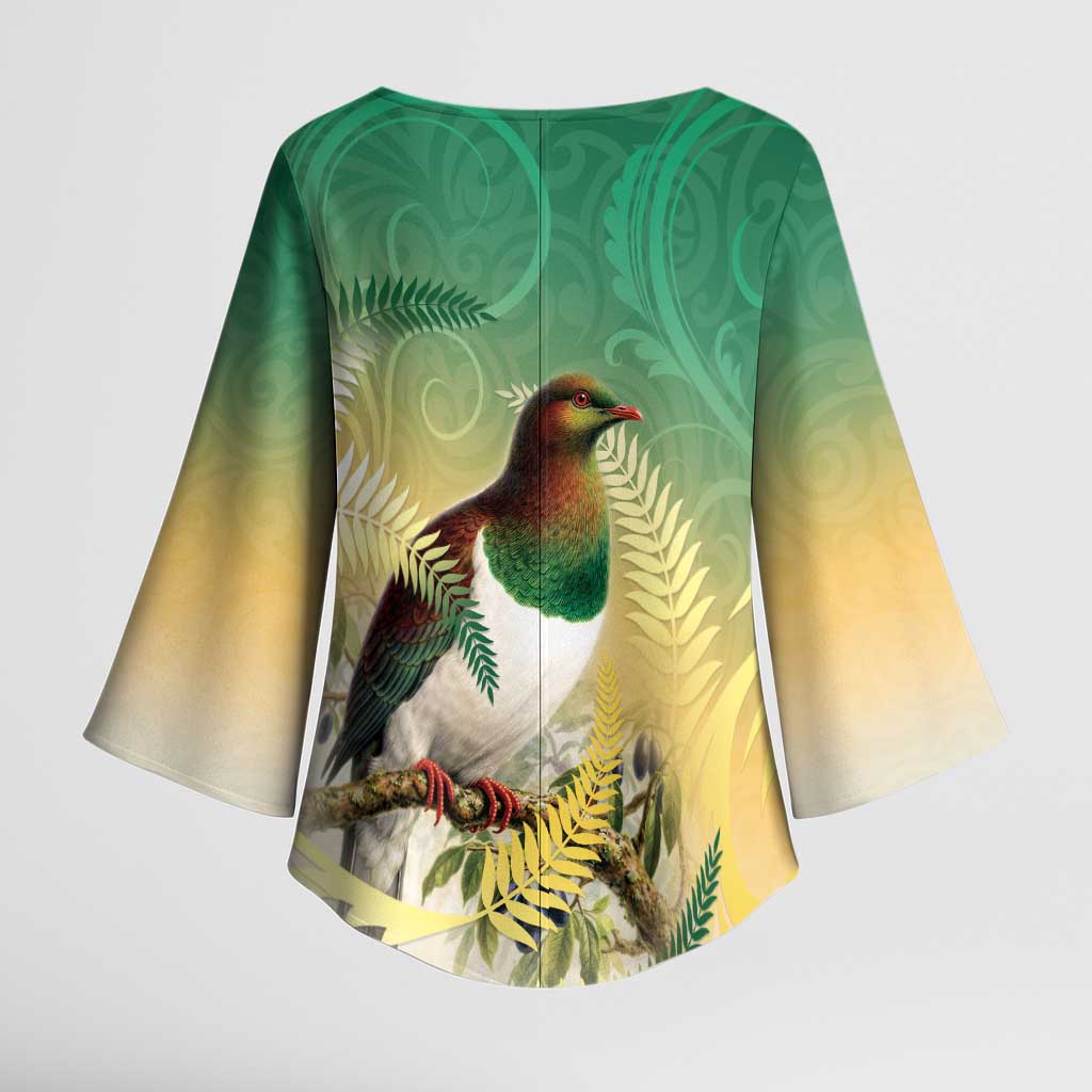 New Zealand Pigeon Kereru Kimono Sleeve Blouse Maori Fern Art Green Gradient LT05 - Polynesian Pride