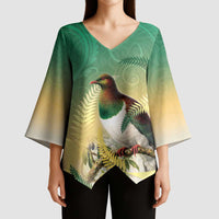 New Zealand Pigeon Kereru Kimono Sleeve Blouse Maori Fern Art Green Gradient LT05 - Polynesian Pride