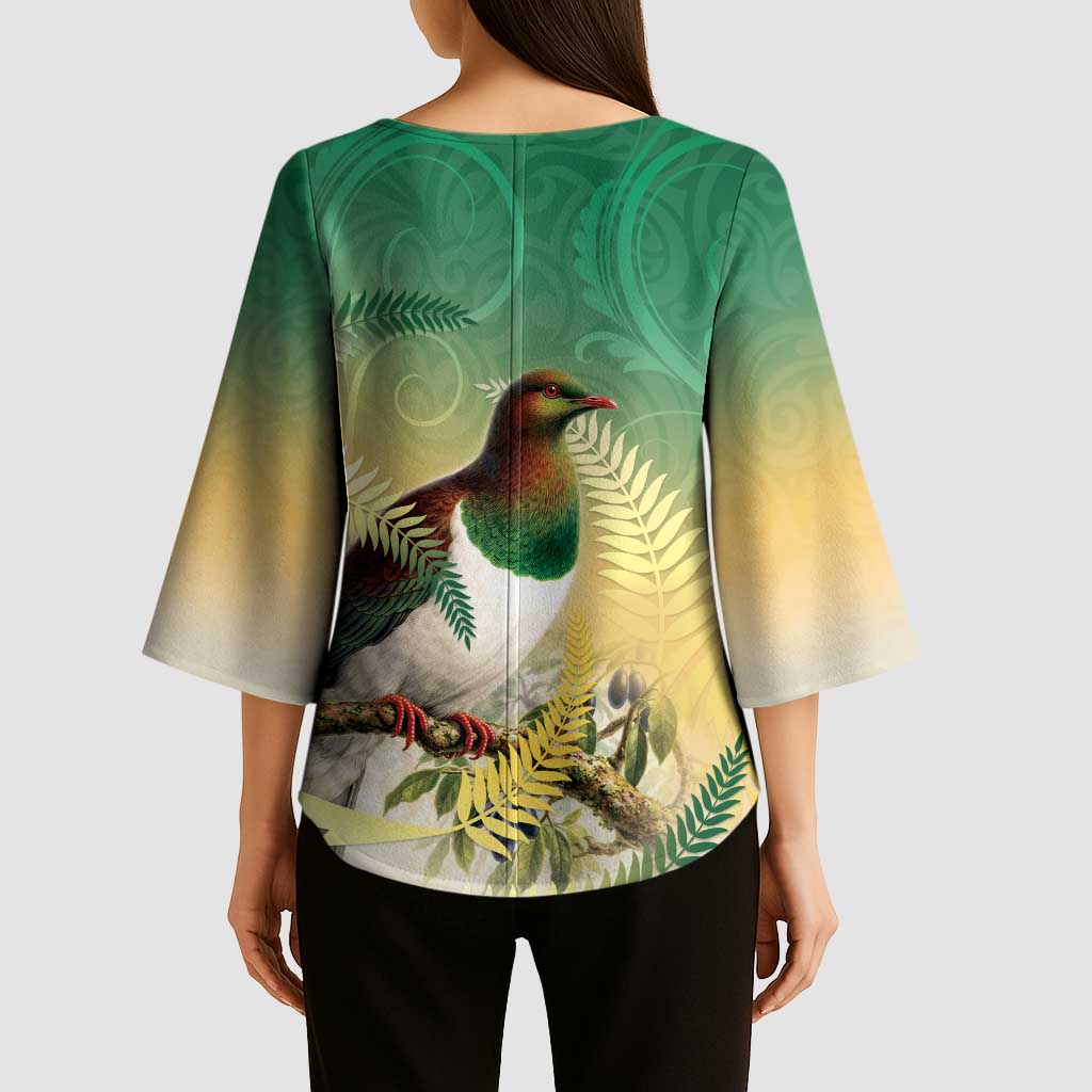 New Zealand Pigeon Kereru Kimono Sleeve Blouse Maori Fern Art Green Gradient LT05 - Polynesian Pride