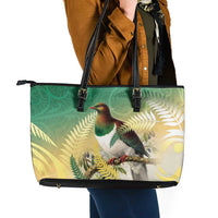 New Zealand Pigeon Kereru Leather Tote Bag Maori Fern Art Green Gradient LT05 - Polynesian Pride