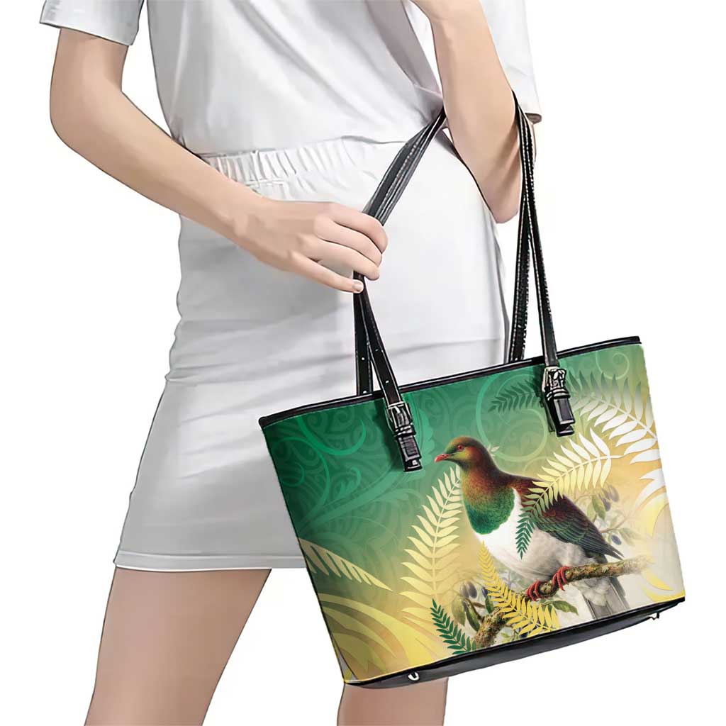 New Zealand Pigeon Kereru Leather Tote Bag Maori Fern Art Green Gradient LT05 - Polynesian Pride