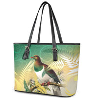 New Zealand Pigeon Kereru Leather Tote Bag Maori Fern Art Green Gradient LT05 - Polynesian Pride