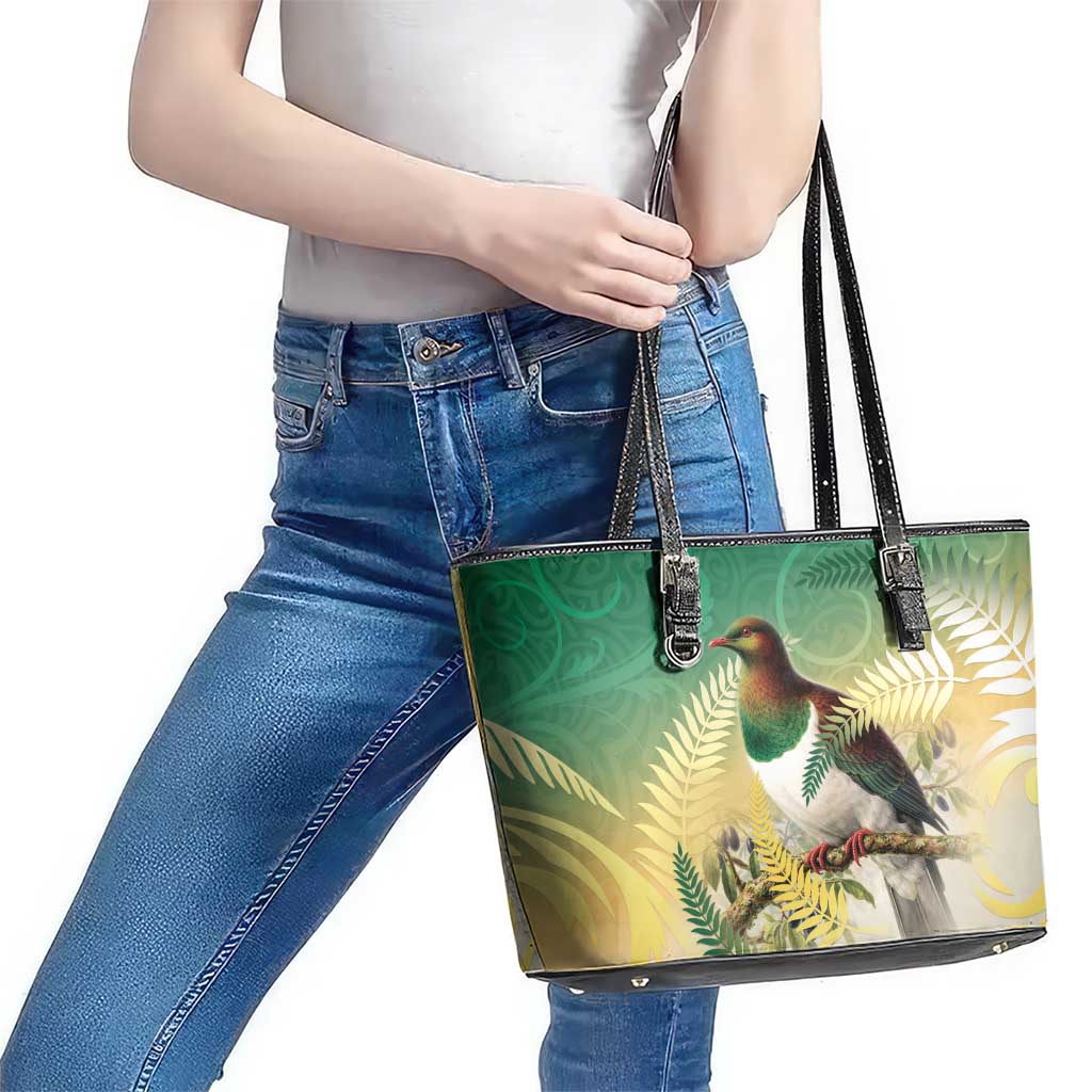 New Zealand Pigeon Kereru Leather Tote Bag Maori Fern Art Green Gradient LT05 - Polynesian Pride