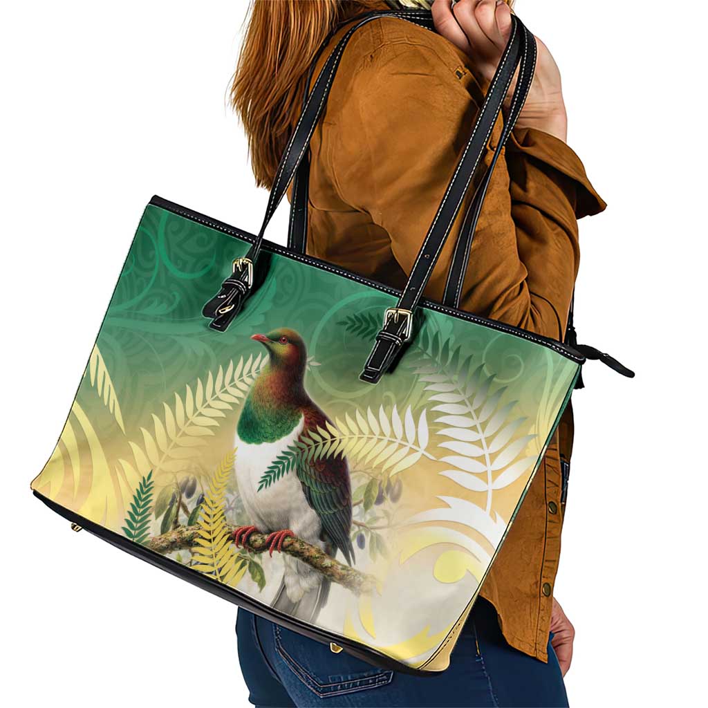 New Zealand Pigeon Kereru Leather Tote Bag Maori Fern Art Green Gradient LT05 - Polynesian Pride