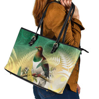 New Zealand Pigeon Kereru Leather Tote Bag Maori Fern Art Green Gradient LT05 - Polynesian Pride