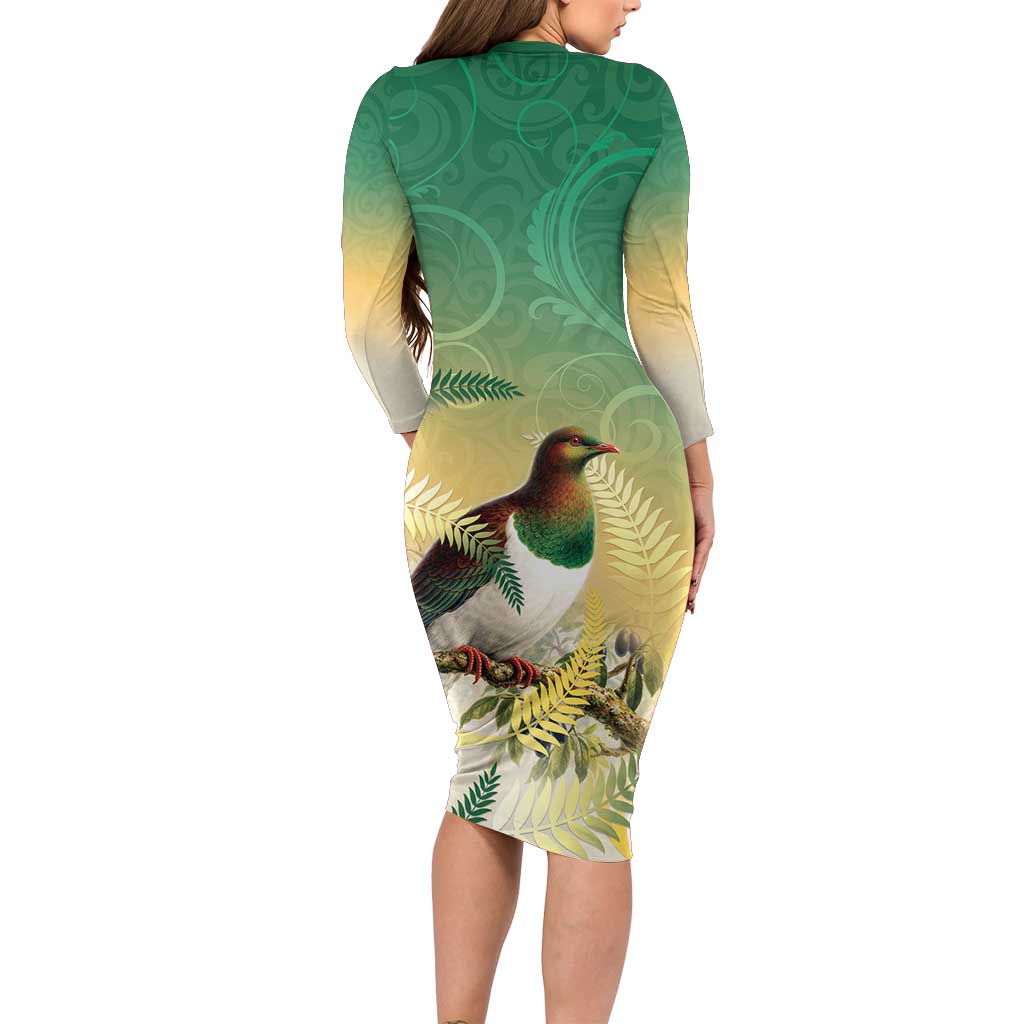 New Zealand Pigeon Kereru Long Sleeve Bodycon Dress Maori Fern Art Green Gradient LT05 - Polynesian Pride