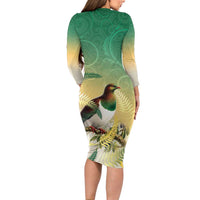 New Zealand Pigeon Kereru Long Sleeve Bodycon Dress Maori Fern Art Green Gradient LT05 - Polynesian Pride