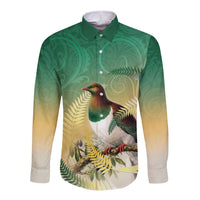 New Zealand Pigeon Kereru Long Sleeve Button Shirt Maori Fern Art Green Gradient LT05 Unisex Green - Polynesian Pride