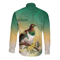 New Zealand Pigeon Kereru Long Sleeve Button Shirt Maori Fern Art Green Gradient LT05 - Polynesian Pride
