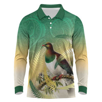 New Zealand Pigeon Kereru Long Sleeve Polo Shirt Maori Fern Art Green Gradient LT05 Green - Polynesian Pride