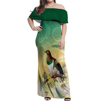 New Zealand Pigeon Kereru Off Shoulder Maxi Dress Maori Fern Art Green Gradient LT05 Women Green - Polynesian Pride