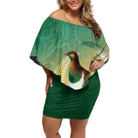 New Zealand Pigeon Kereru Off Shoulder Short Dress Maori Fern Art Green Gradient LT05 Women Green - Polynesian Pride
