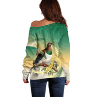 New Zealand Pigeon Kereru Off Shoulder Sweater Maori Fern Art Green Gradient LT05 - Polynesian Pride