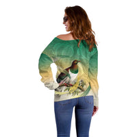 New Zealand Pigeon Kereru Off Shoulder Sweater Maori Fern Art Green Gradient LT05 - Polynesian Pride