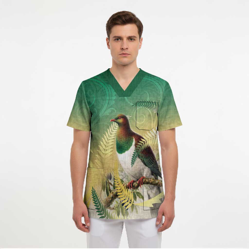 New Zealand Pigeon Kereru Scrub Top Maori Fern Art Green Gradient LT05 - Polynesian Pride