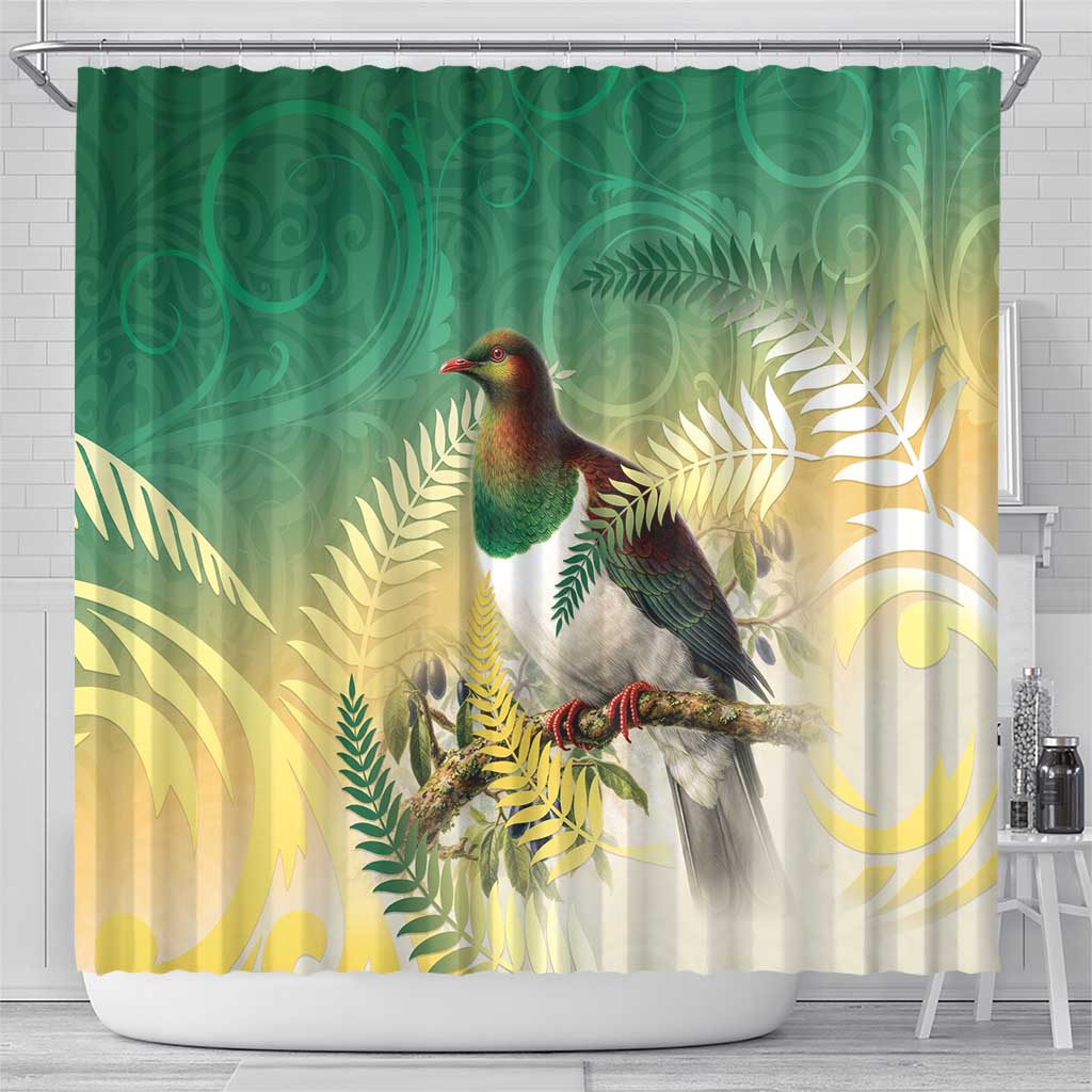 New Zealand Pigeon Kereru Shower Curtain Maori Fern Art Green Gradient LT05 - Polynesian Pride