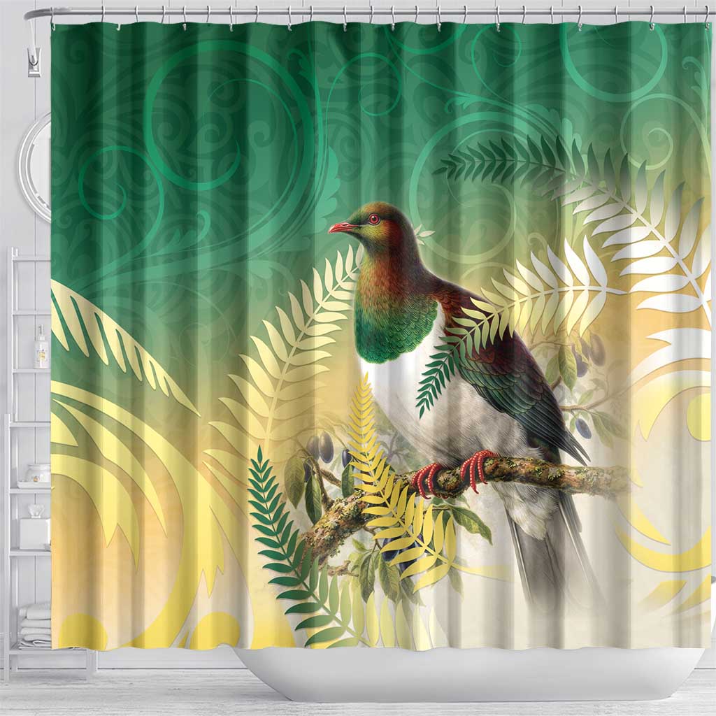 New Zealand Pigeon Kereru Shower Curtain Maori Fern Art Green Gradient LT05 - Polynesian Pride