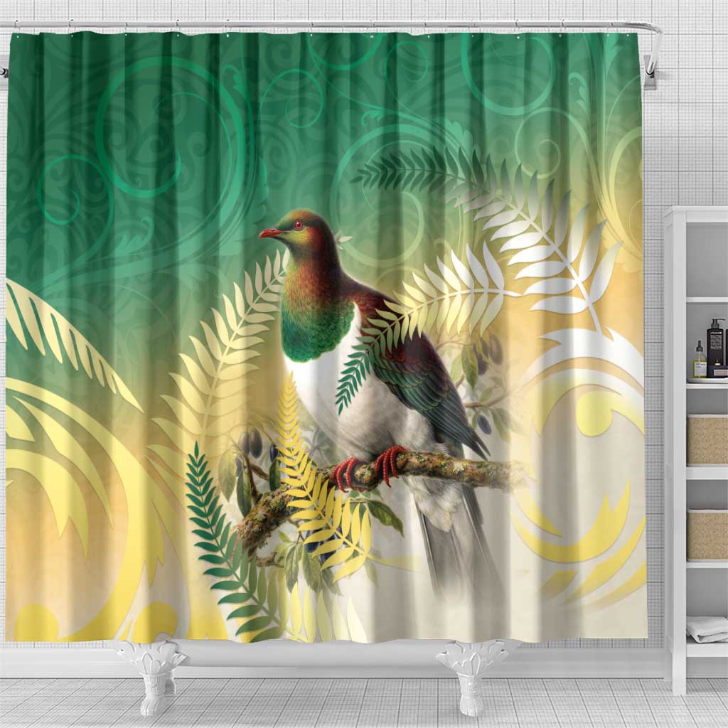 New Zealand Pigeon Kereru Shower Curtain Maori Fern Art Green Gradient LT05 - Polynesian Pride