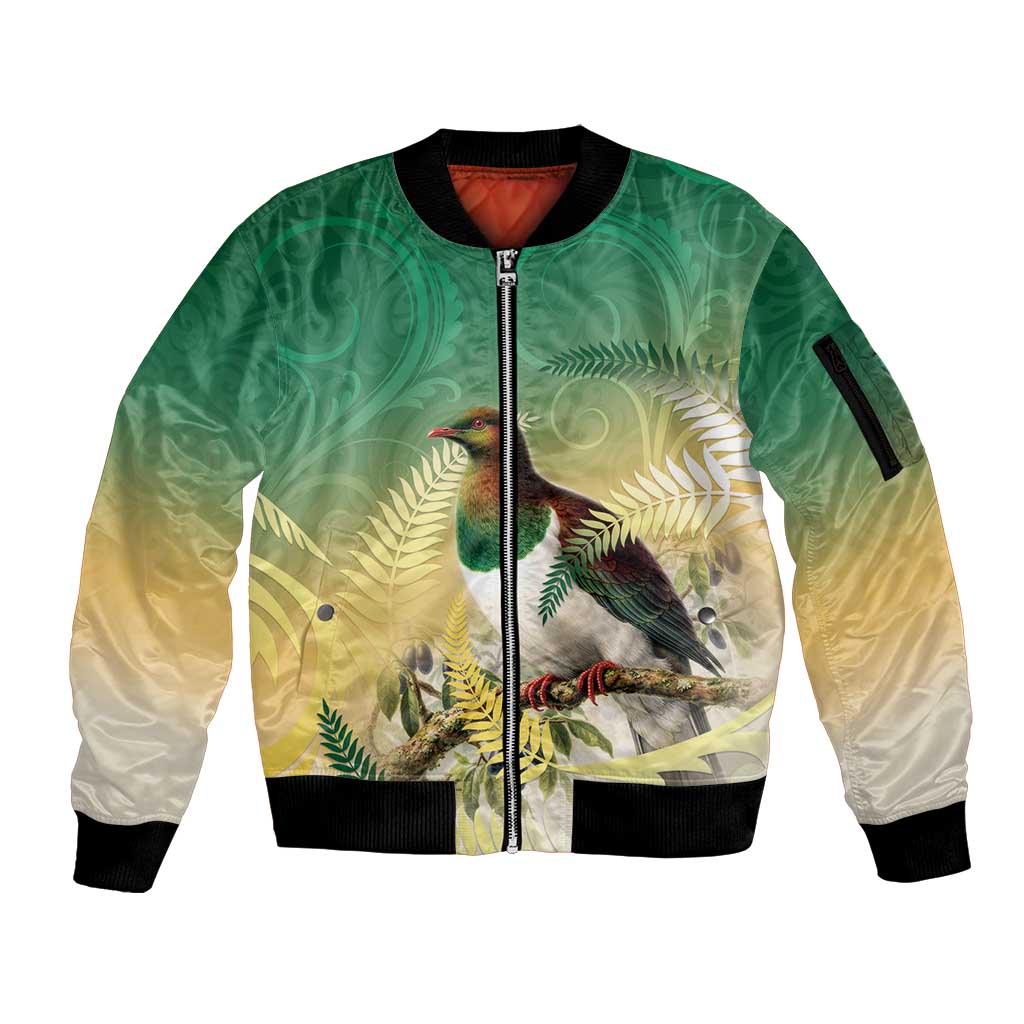 New Zealand Pigeon Kereru Sleeve Zip Bomber Jacket Maori Fern Art Green Gradient LT05 Unisex Green - Polynesian Pride