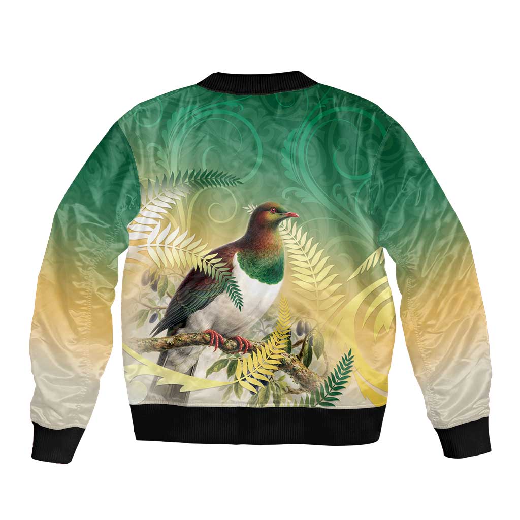 New Zealand Pigeon Kereru Sleeve Zip Bomber Jacket Maori Fern Art Green Gradient LT05 - Polynesian Pride