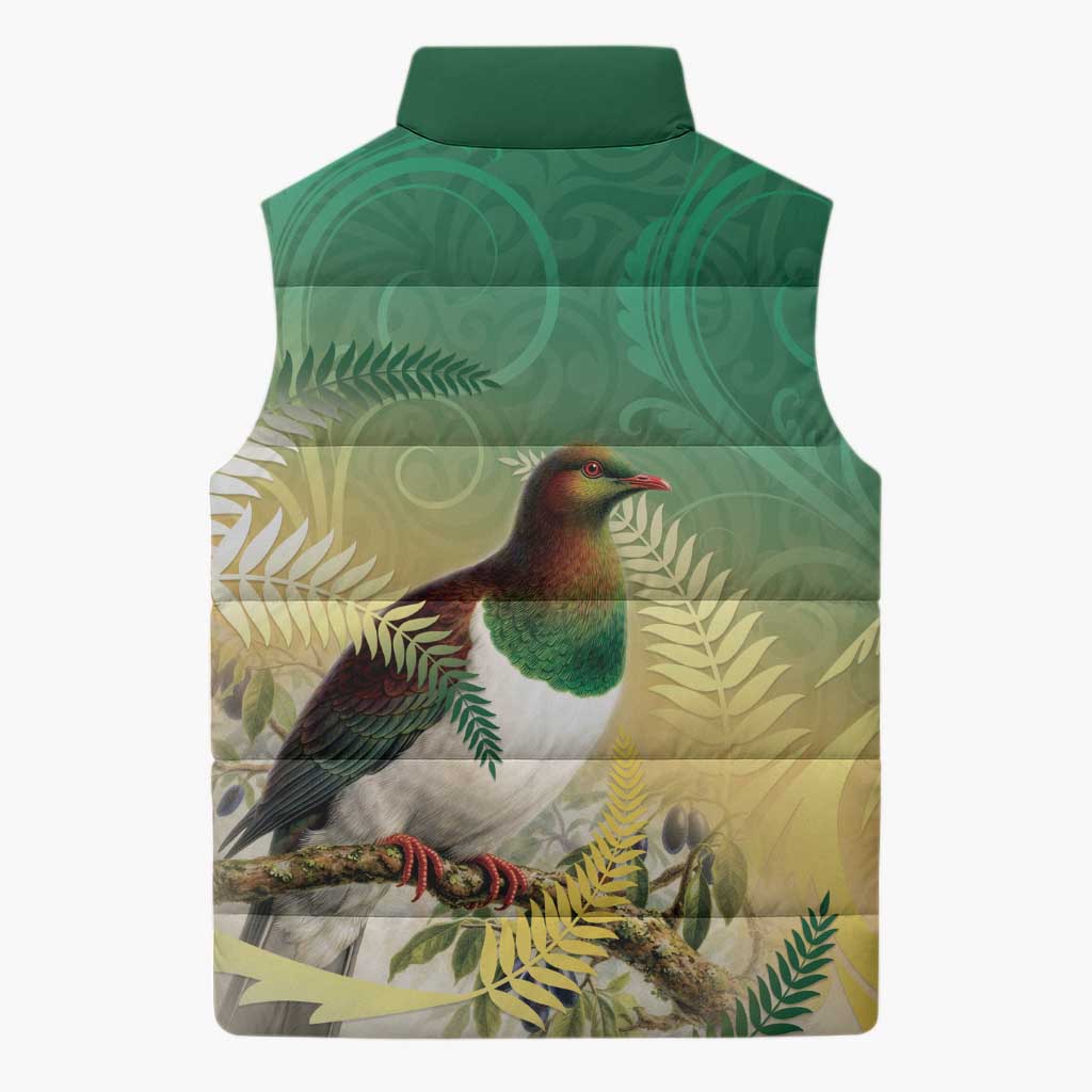 New Zealand Pigeon Kereru Sleeveless Puffer Jacket Maori Fern Art Green Gradient LT05 - Polynesian Pride