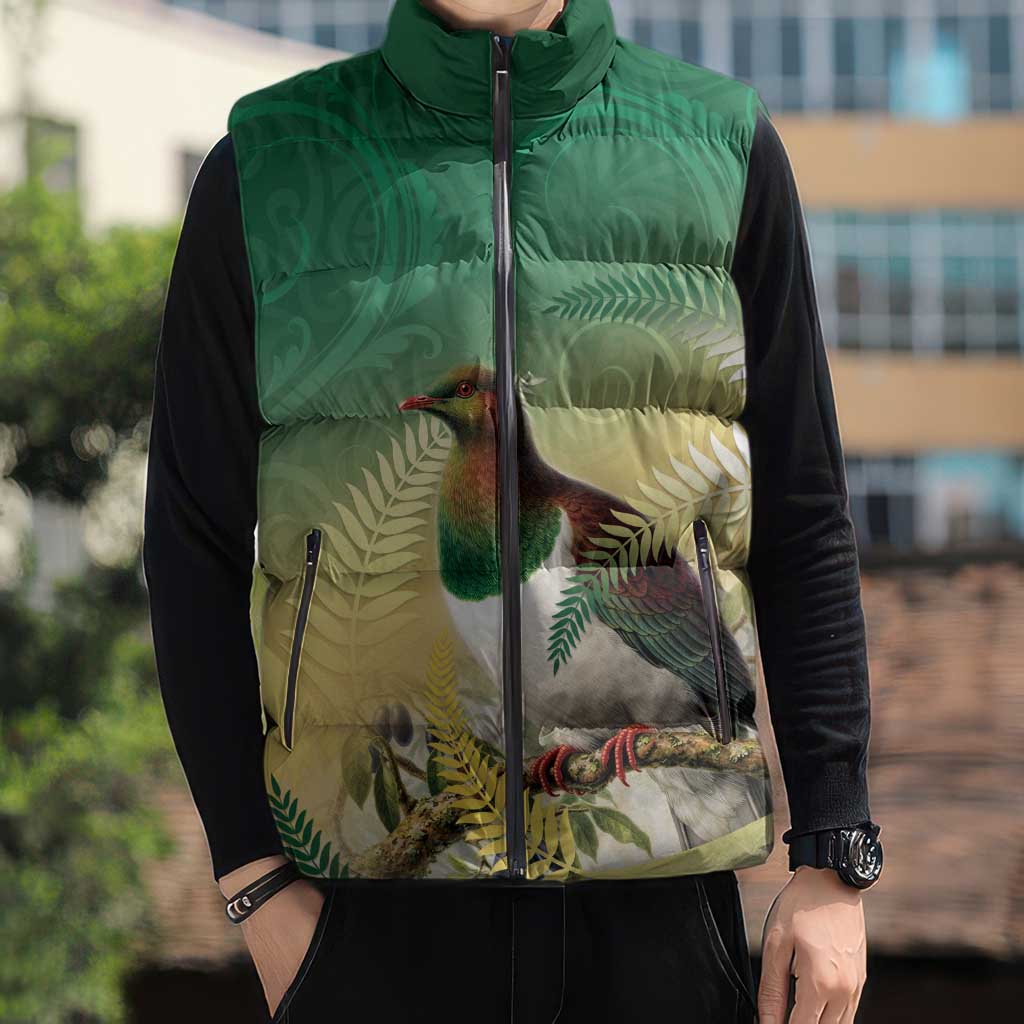 New Zealand Pigeon Kereru Sleeveless Puffer Jacket Maori Fern Art Green Gradient LT05 - Polynesian Pride