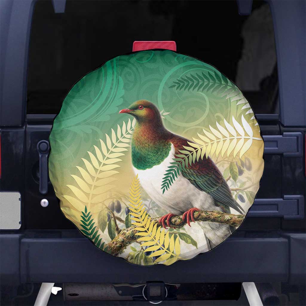 New Zealand Pigeon Kereru Spare Tire Cover Maori Fern Art Green Gradient LT05 No hole Green - Polynesian Pride