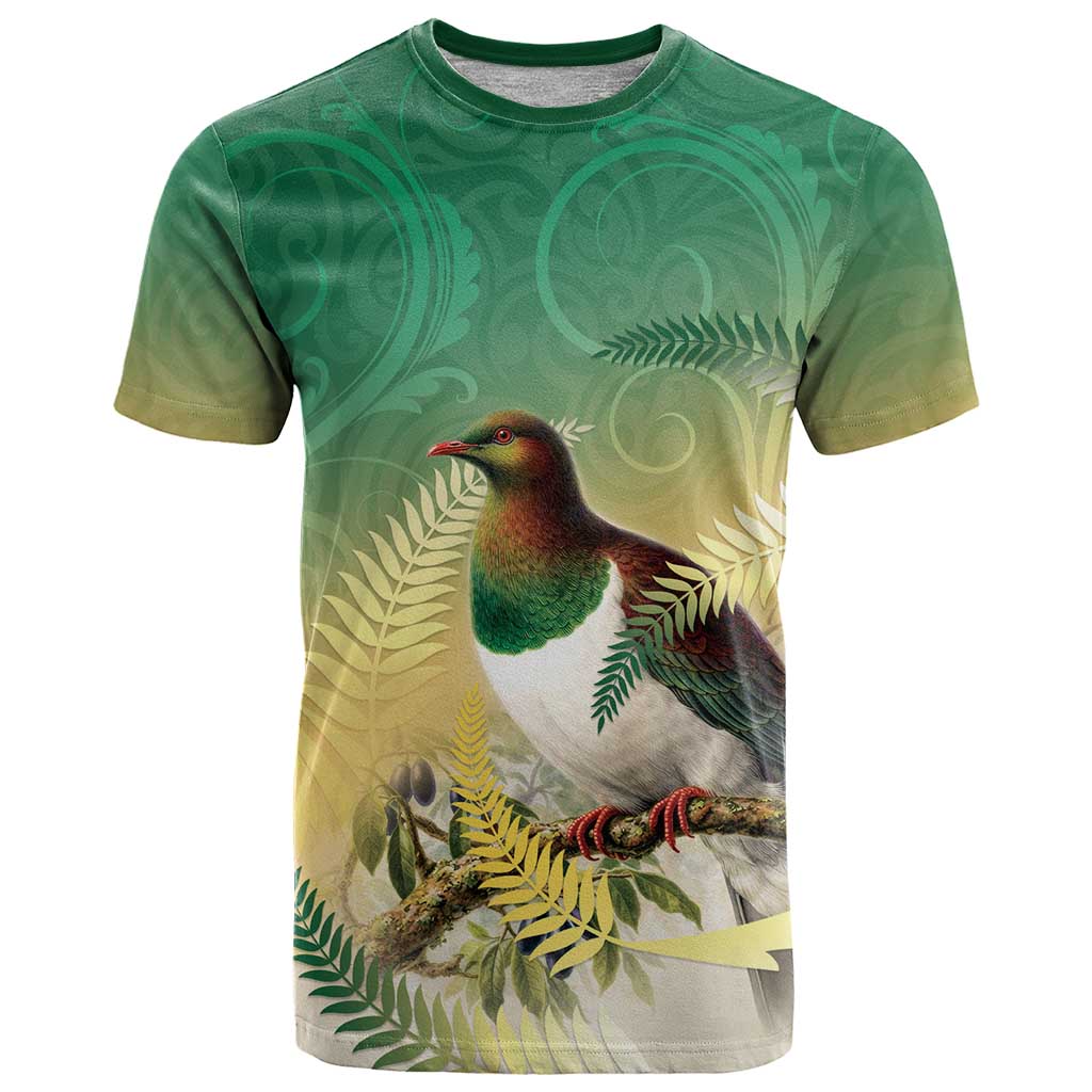 New Zealand Pigeon Kereru T Shirt Maori Fern Art Green Gradient LT05 Green - Polynesian Pride