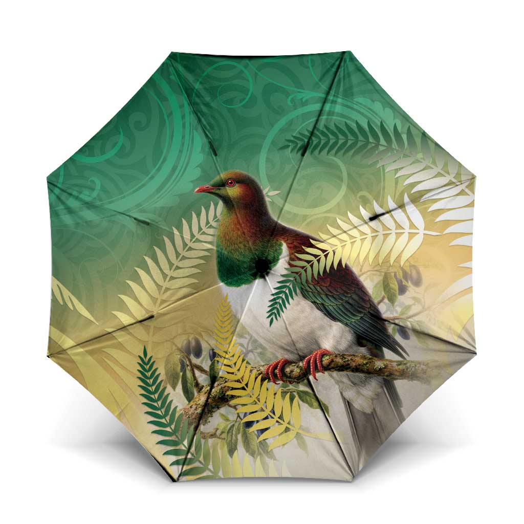 New Zealand Pigeon Kereru Umbrella Maori Fern Art Green Gradient LT05 One Size Folded 11.42 inch Opened Diameter 37.4 inch Green - Polynesian Pride