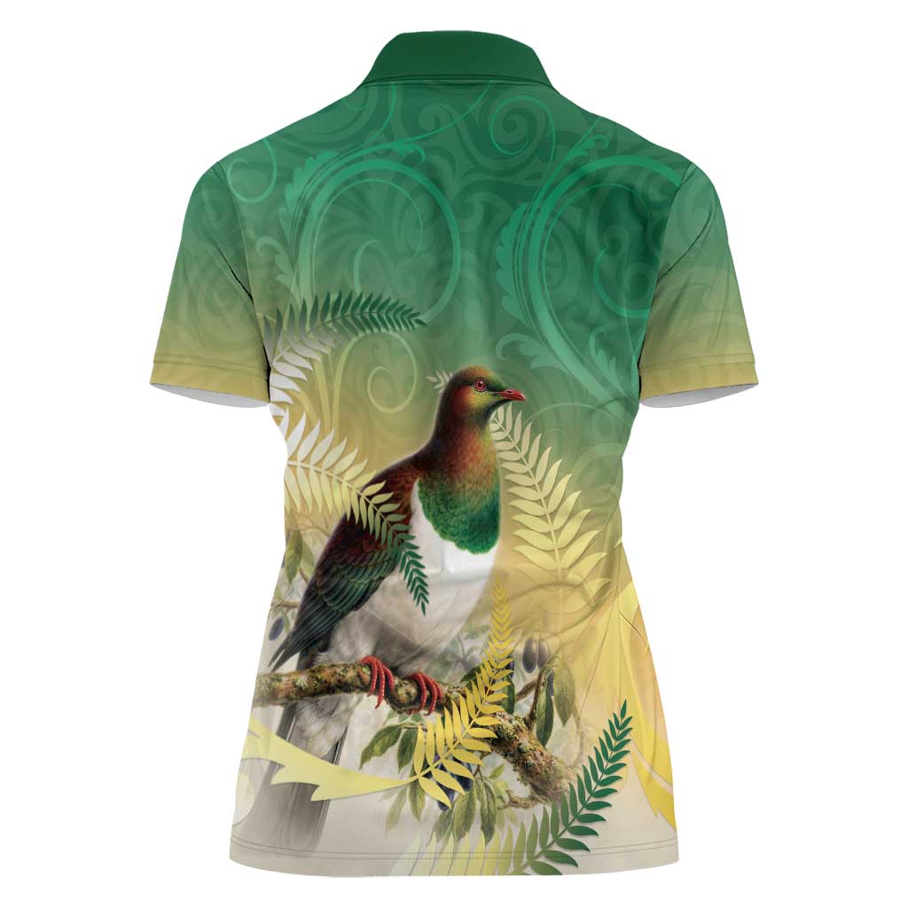New Zealand Pigeon Kereru Women Polo Shirt Maori Fern Art Green Gradient LT05 - Polynesian Pride