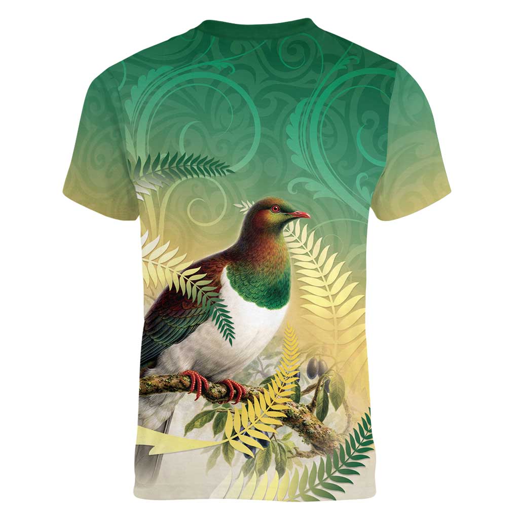 New Zealand Pigeon Kereru Women V-Neck T-Shirt Maori Fern Art Green Gradient LT05 - Polynesian Pride