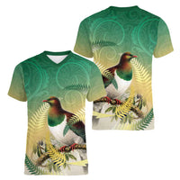 New Zealand Pigeon Kereru Women V-Neck T-Shirt Maori Fern Art Green Gradient LT05 - Polynesian Pride