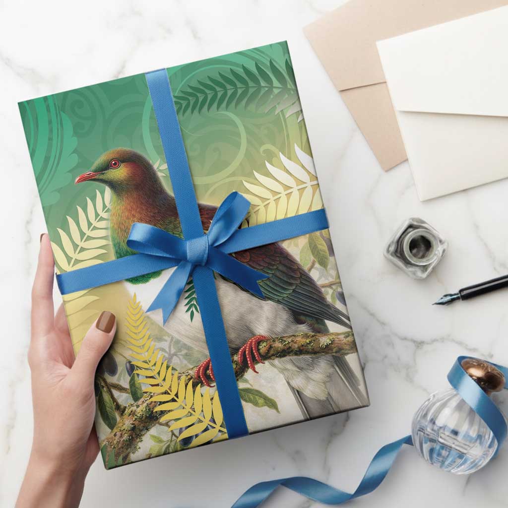 New Zealand Pigeon Kereru Wrapping Paper Maori Fern Art Green Gradient LT05 - Polynesian Pride