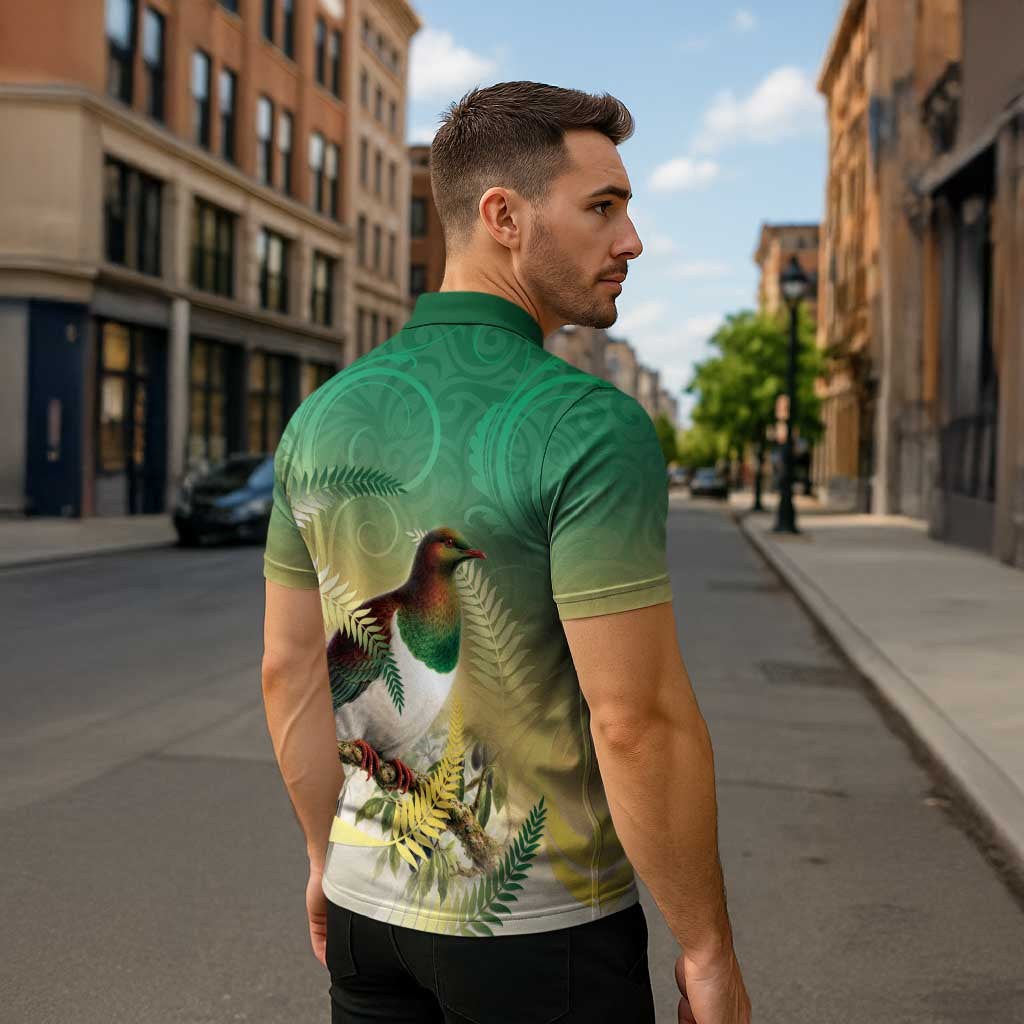 New Zealand Pigeon Kereru Zipper Polo Shirt Maori Fern Art Green Gradient LT05 - Polynesian Pride