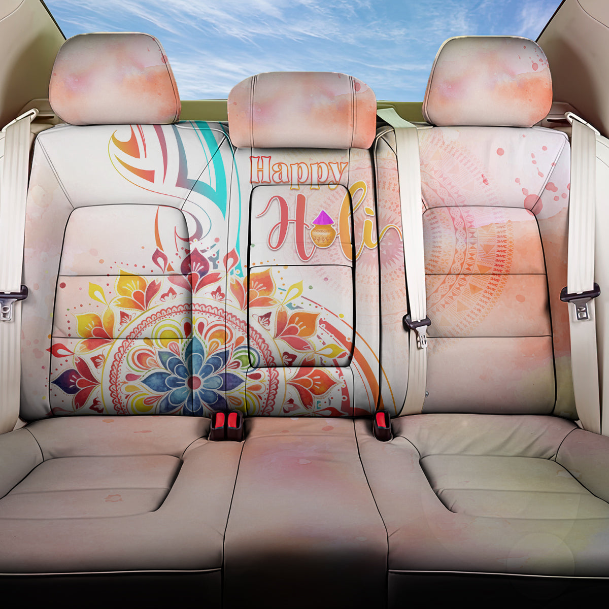 Happy Holi Festival Back Car Seat Cover Rangoli With Polynesian Pattern LT05 One Size White - Polynesian Pride